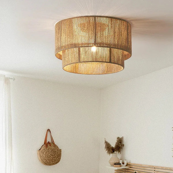 Lustre nordique en rotin et corde de chanvre - Style japonais vintage