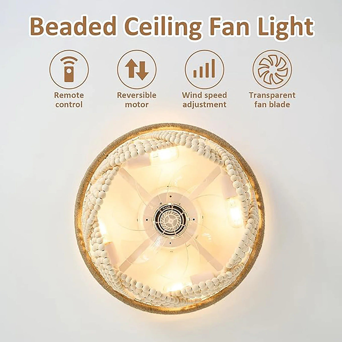 Plafonnier LED Bohémien en Perles de Bois avec Télécommande Style Nordique Vintage