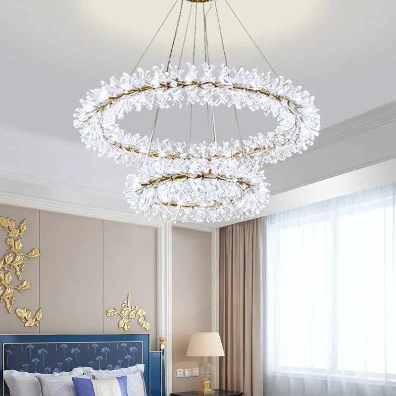 Lustre en cristal de fleur moderne luxe Suspension LED pour salon 60 80 100 cm anneaux suspendus