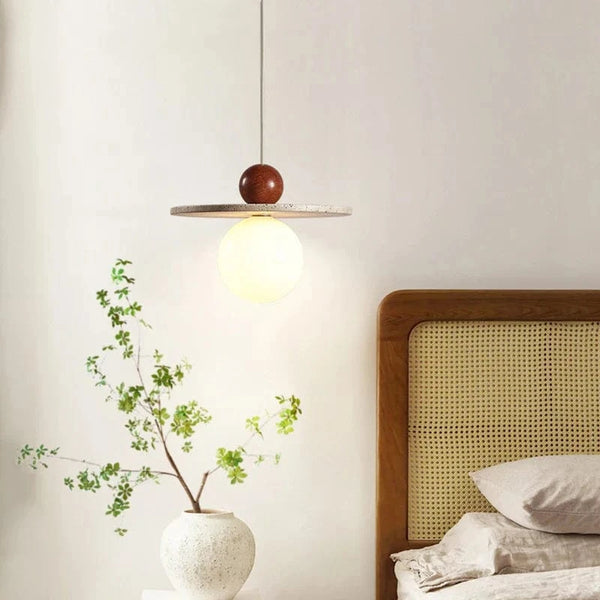 Lustre rond en pierre et bois avec cordon réglable - Livraison directe assurée