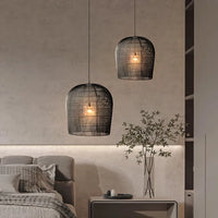 Suspension japonaise en rotin wabi-sabi avec éclairage LED