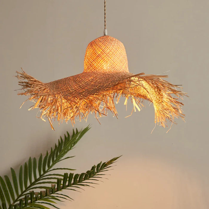 Suspension japonaise artisanale en forme de chapeau de paille vintage