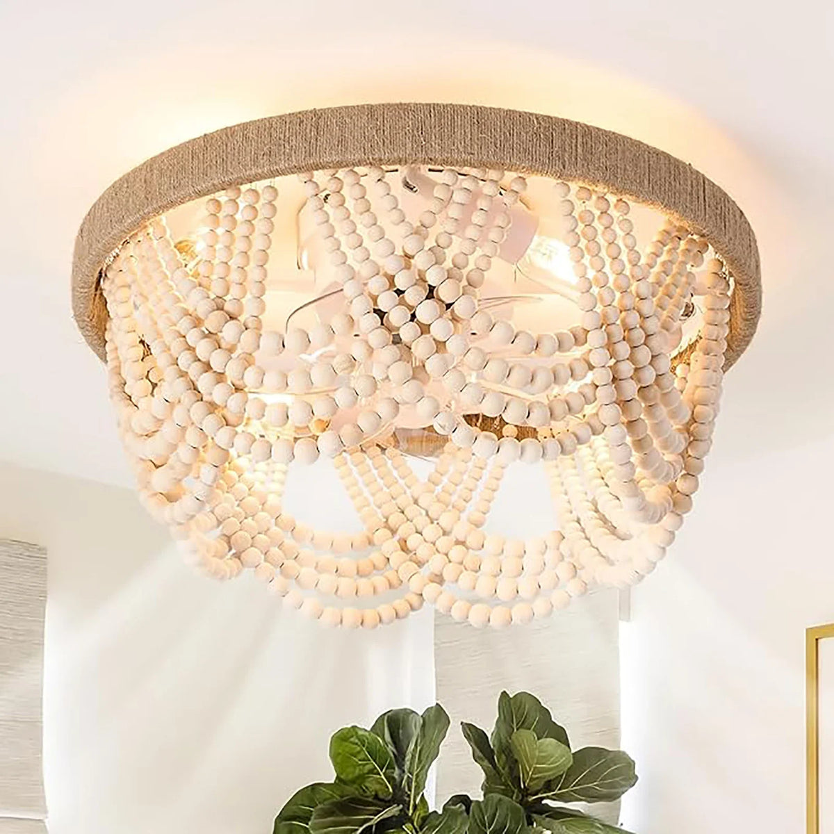 Plafonnier LED Bohémien en Perles de Bois avec Télécommande Style Nordique Vintage