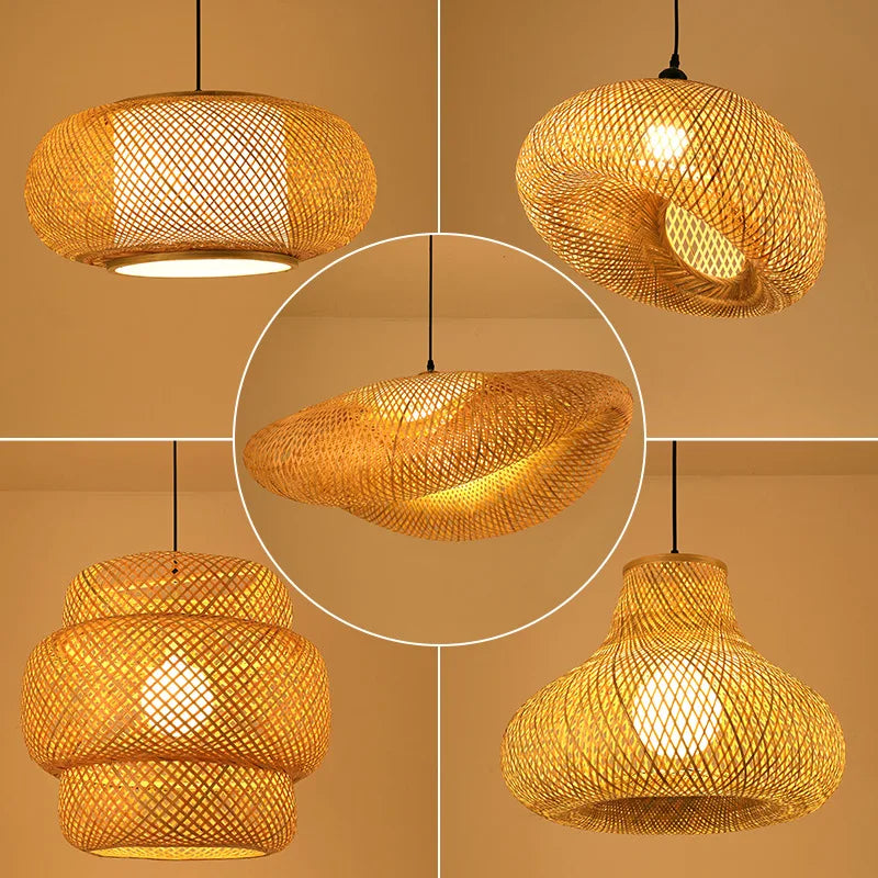 Suspension LED en rotin artisanale ronde, chapeau de paille en bambou style vintage pastoral