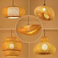 Suspension LED en rotin artisanale ronde, chapeau de paille en bambou style vintage pastoral
