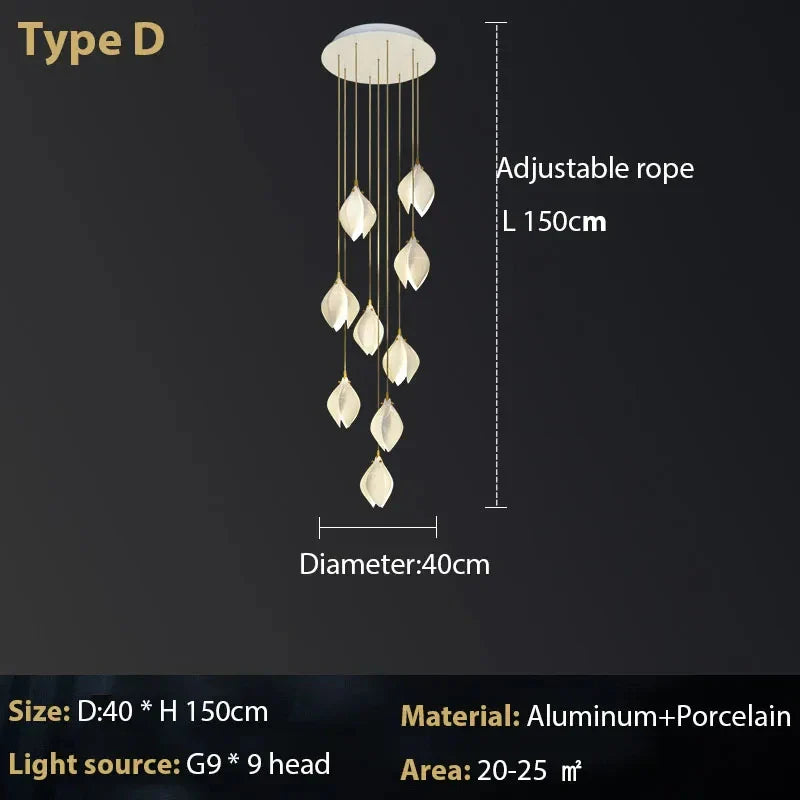 Suspension design Escalier moderne pour hôtel de luxe en céramique avec éclairage LED en forme de pétale
