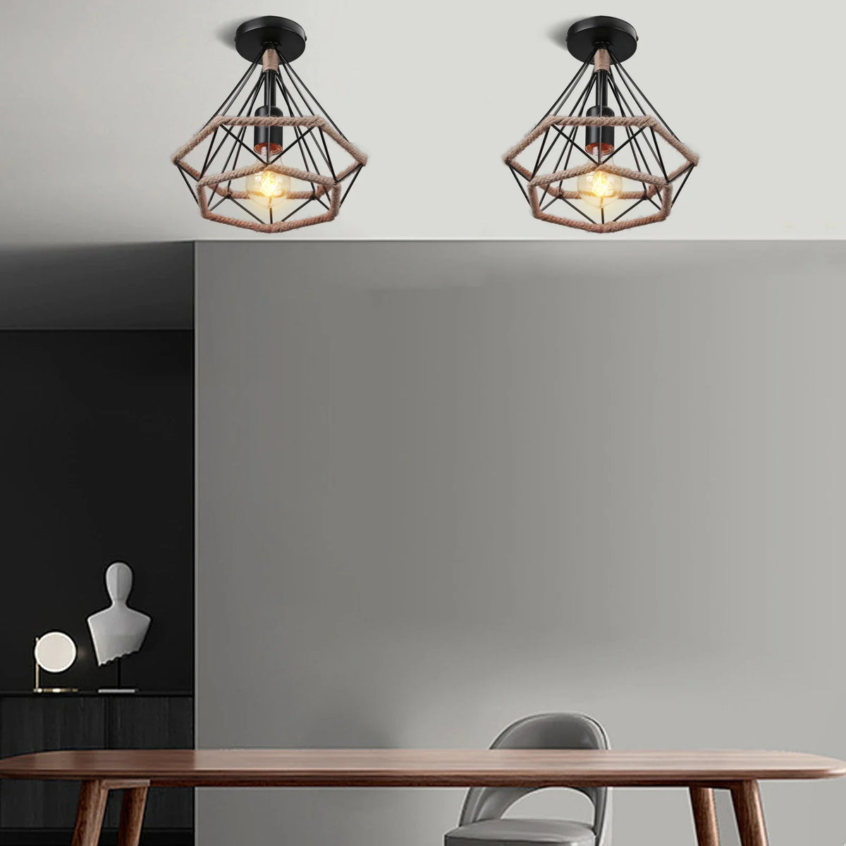 Plafonnier rétro en métal pour intérieur d'allée, avec cage en fer et corde de chanvre
