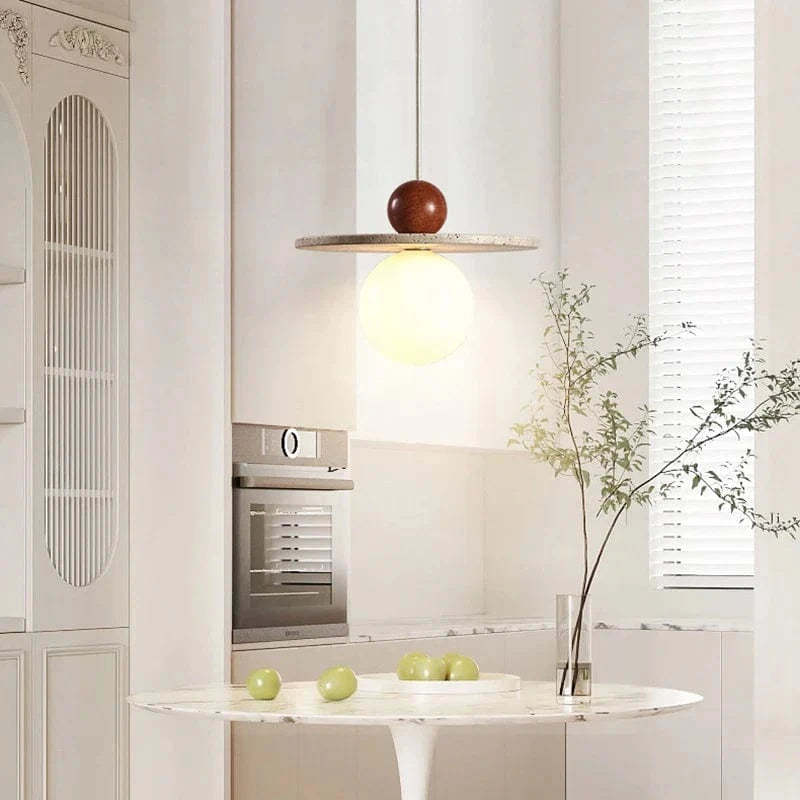 Lustre rond en pierre et bois avec cordon réglable - Livraison directe assurée