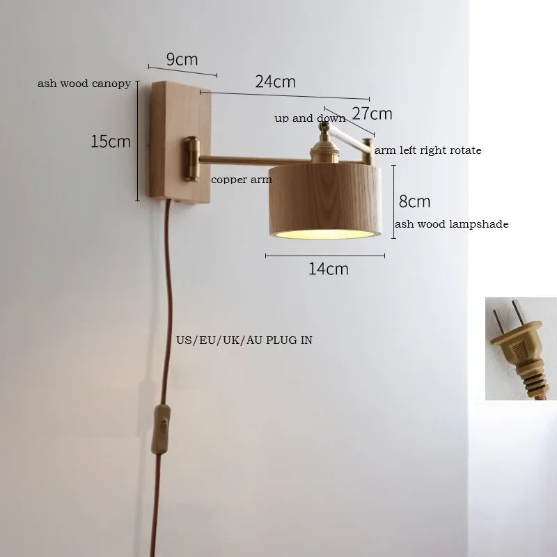 Applique murale IWDH en bois de frêne et noyer avec interrupteur à chaîne