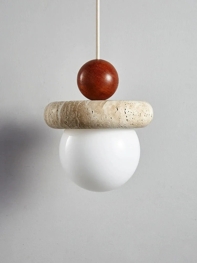Suspension Led Style crème médiévale Memphis - Petite pierre claire et bois