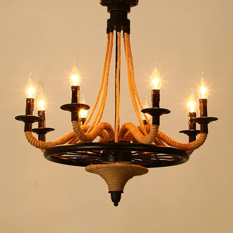 Lustre loft américain en bois et corde de chanvre industrielle
