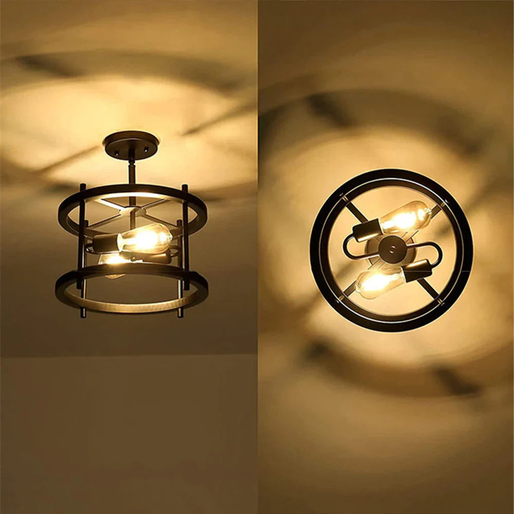 Plafonnier rétro semi-encastré 2 lumières bois vintage pour ferme industrielle - Édition Limitée