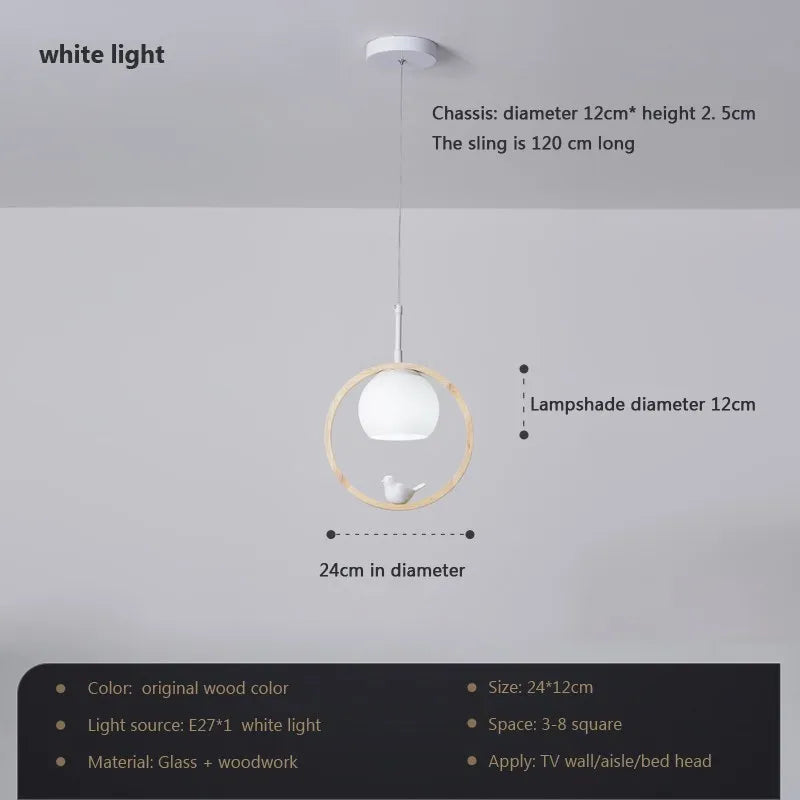 Suspension LED nordique en verre - Oiseau rond en bois