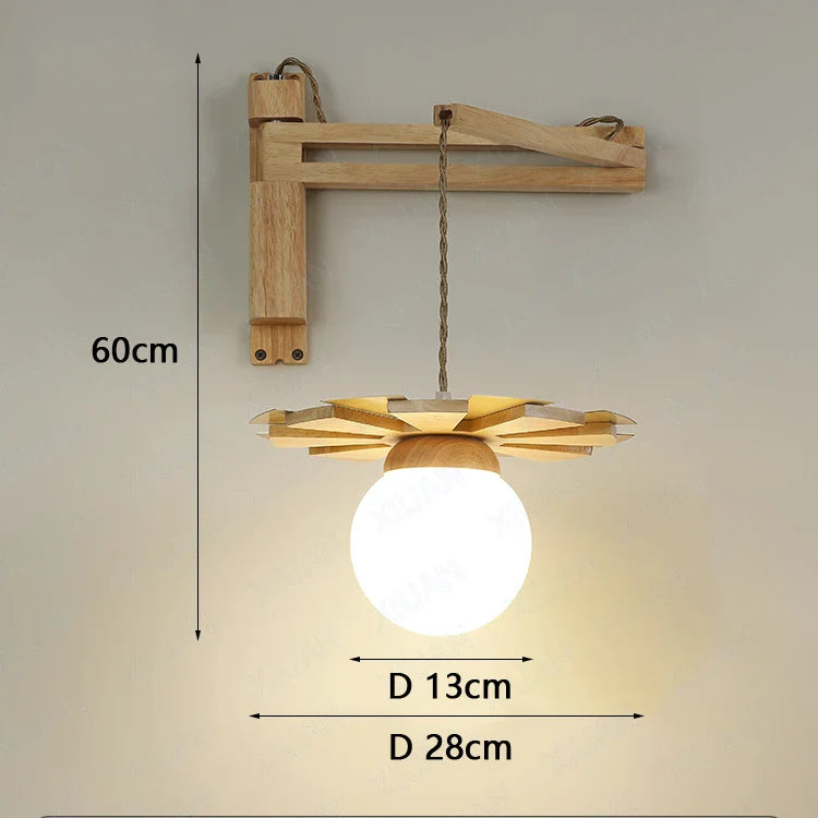 Applique murale suspendue nordique en bois avec bras oscillant LED