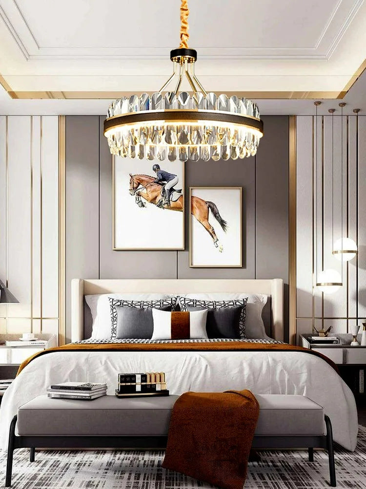 Lustre en cuir LED Cristal Luxueux Rond Suspendu Moderne - Élégance Brillante
