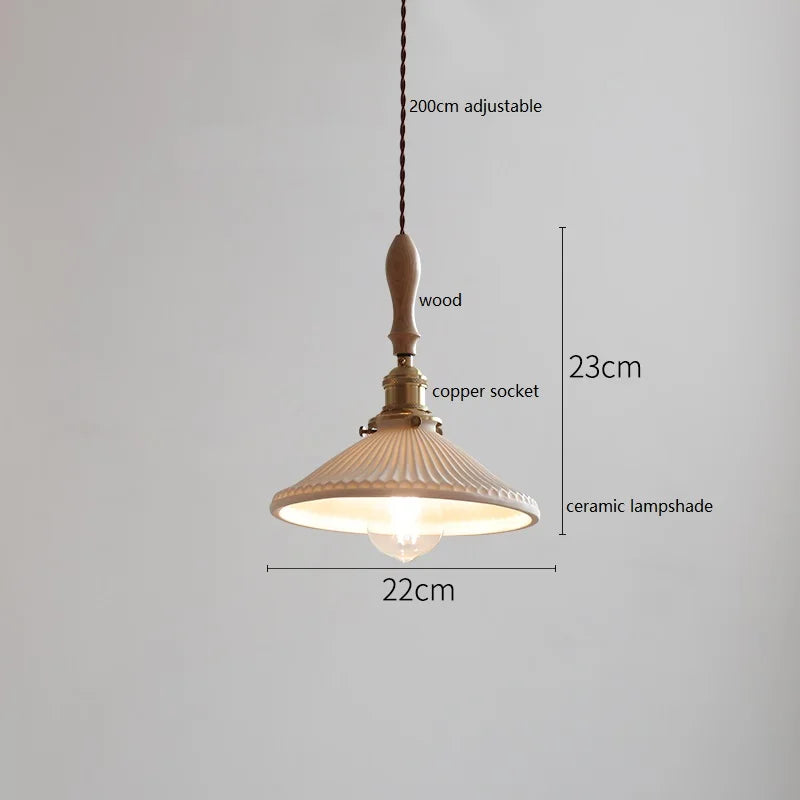 Suspension japonaise en céramique et bois de frêne vintage