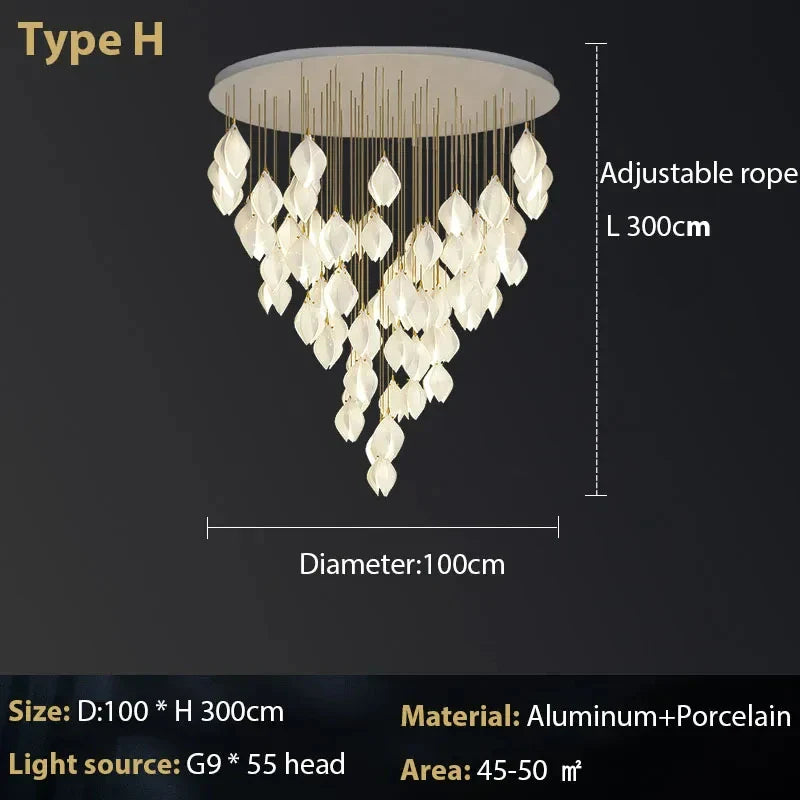 Suspension design Escalier moderne pour hôtel de luxe en céramique avec éclairage LED en forme de pétale