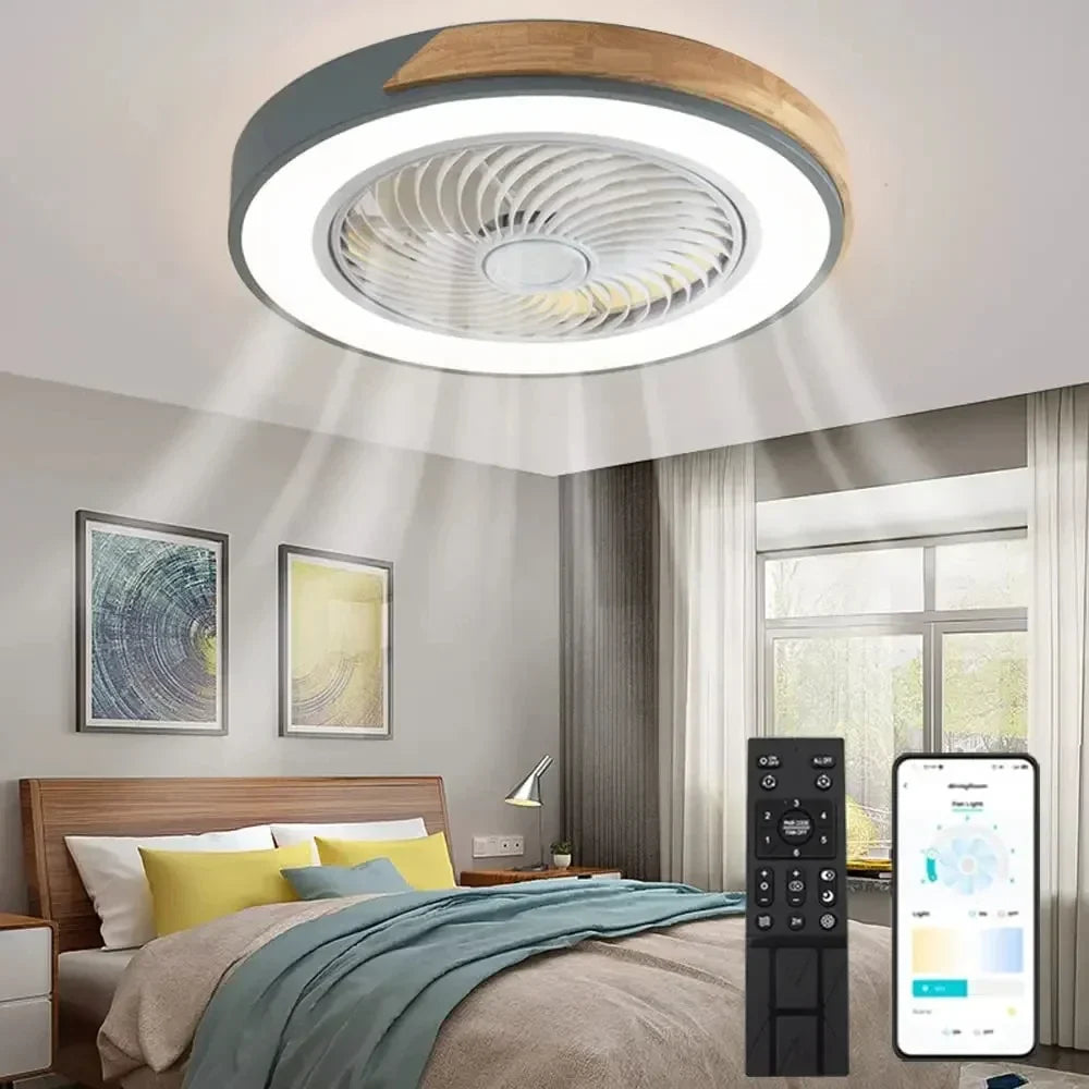 Plafonnier LED en bois design moderne avec ventilateur et télécommande