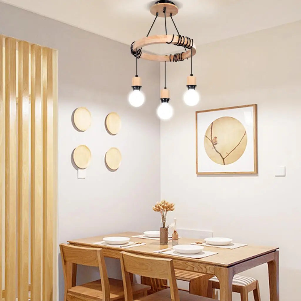 Lustre nordique à suspension industrielle en bois avec 3 têtes  pour chambre salon cuisine