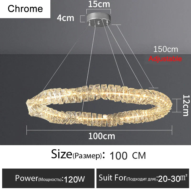 Lustre Or Dimmable avec anneau de lumière LED en cristal pour maison moderne de luxe