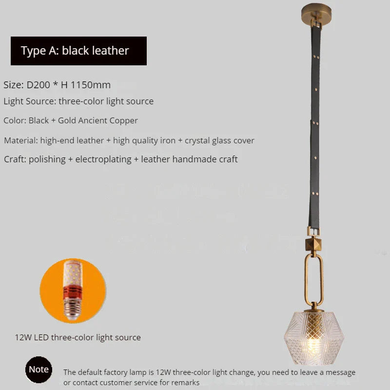 Lustre moderne en cuir avec suspension lumière et verre cristal de luxe