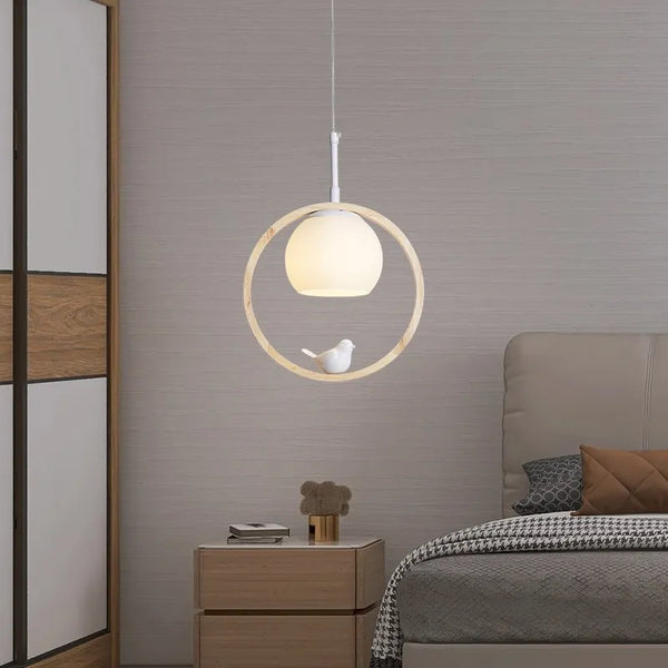 Suspension LED nordique en verre - Oiseau rond en bois