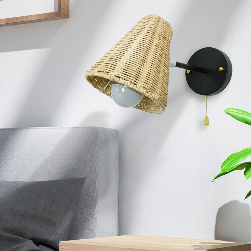 Applique murale LED vintage en rotin tissé à la main avec interrupteur