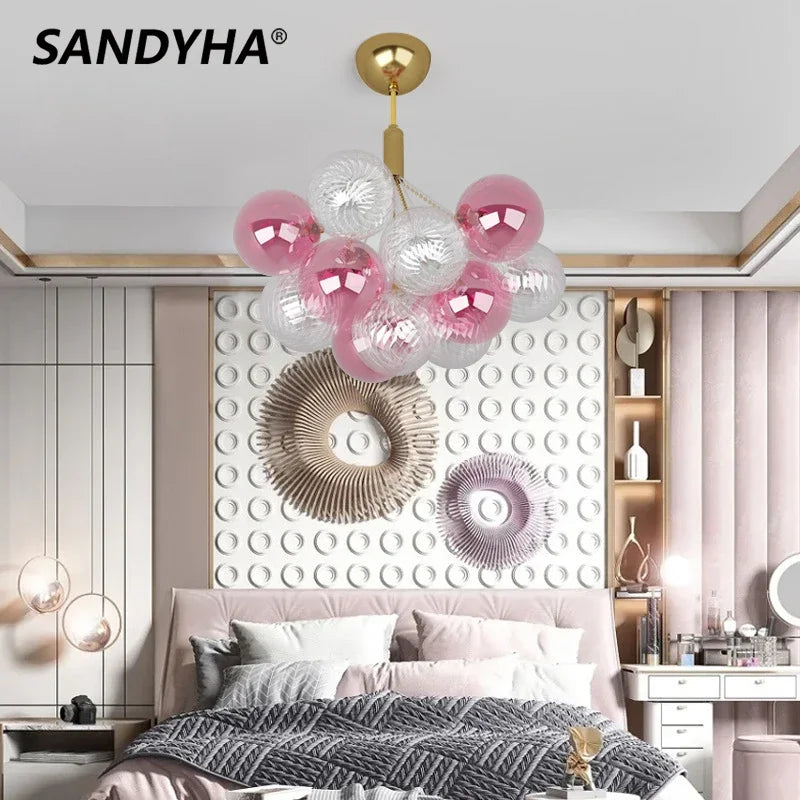Lustre plafonnier design boule de verre multicolore luxe illuminant