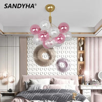 Lustre plafonnier design boule de verre multicolore luxe illuminant