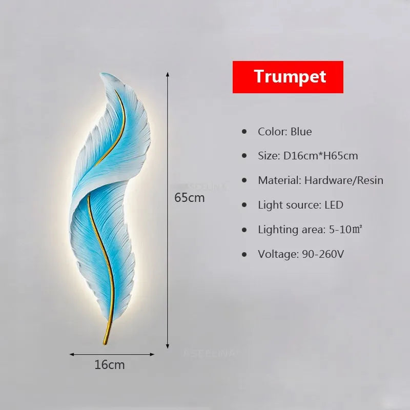 Applique murale LED Plume en résine - Modèle Moderne aux Couleurs Rose et Bleu