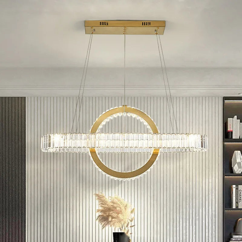 Lustre LED moderne en acier doré avec cristaux et câble ajustable