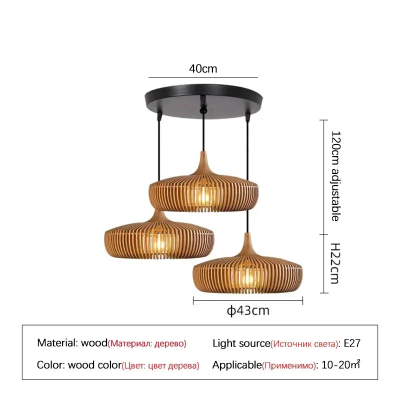 Lustre en bois rond rétro pour table de restaurant avec LED - Style Vintage et Élégance Moderne