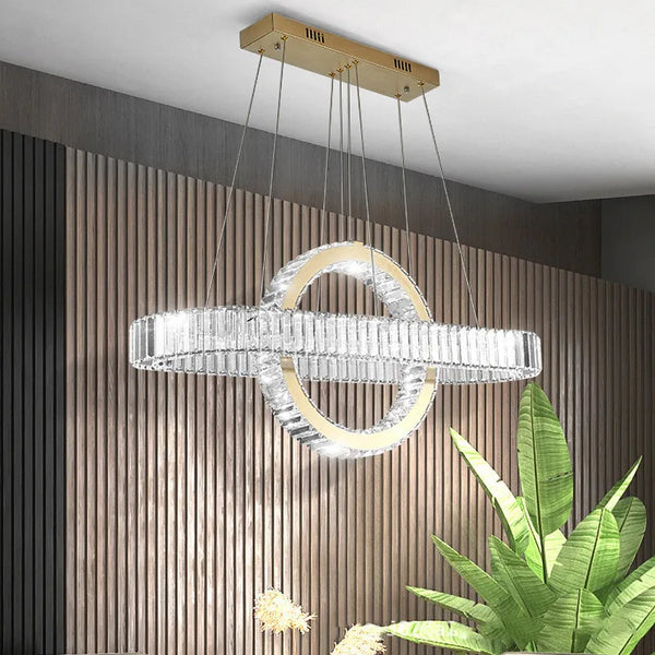 Lustre LED moderne en acier doré avec cristaux et câble ajustable