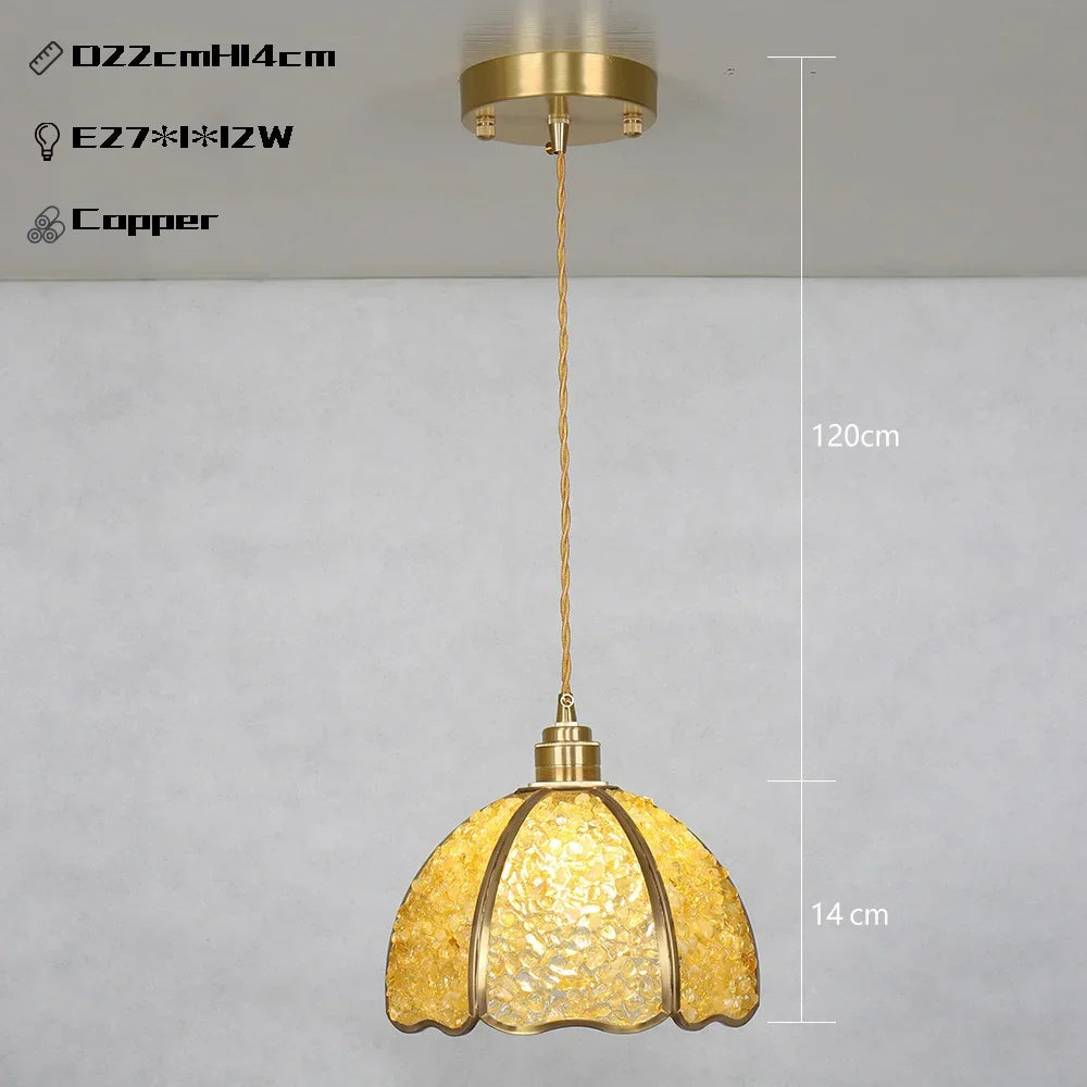 Suspension de luxe en cuivre et cristal naturel à LED