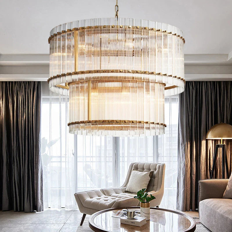 Lustre de luxe en cristal Double Anneau Doré LED Suspendu