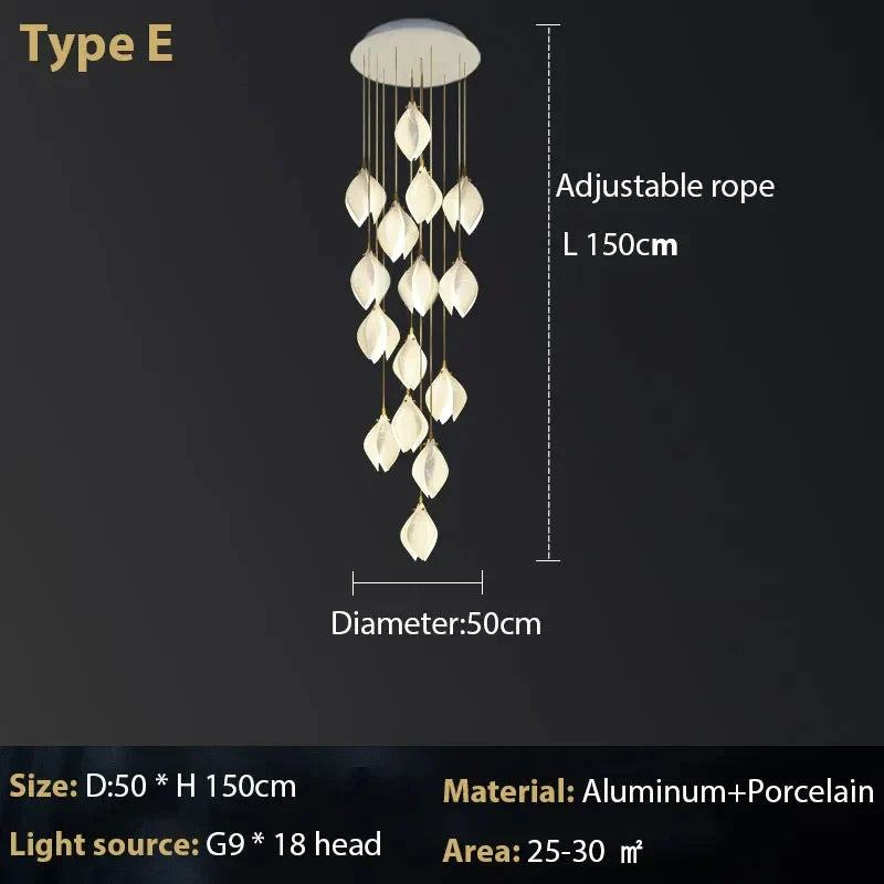 Suspension design Escalier moderne pour hôtel de luxe en céramique avec éclairage LED en forme de pétale