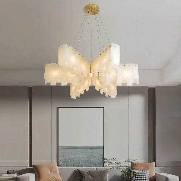 Lustre Luxe en Marbre Naturel Espagnol avec Éclairage LED Moderne