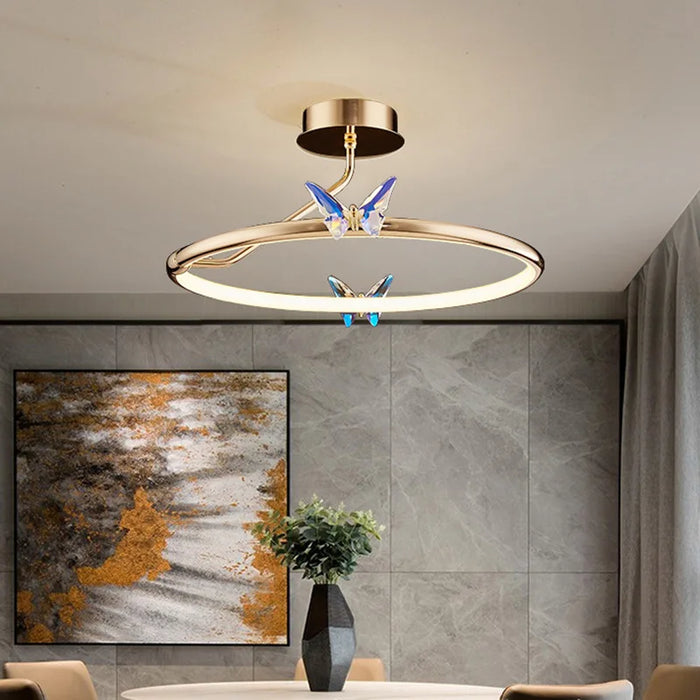 Lustre LED Papillon en Anneau d'Or pour Déco Loft