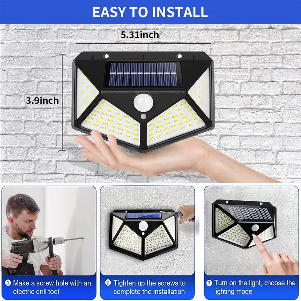 Applique solaire extérieure étanche avec capteur de mouvement et 100 LED.