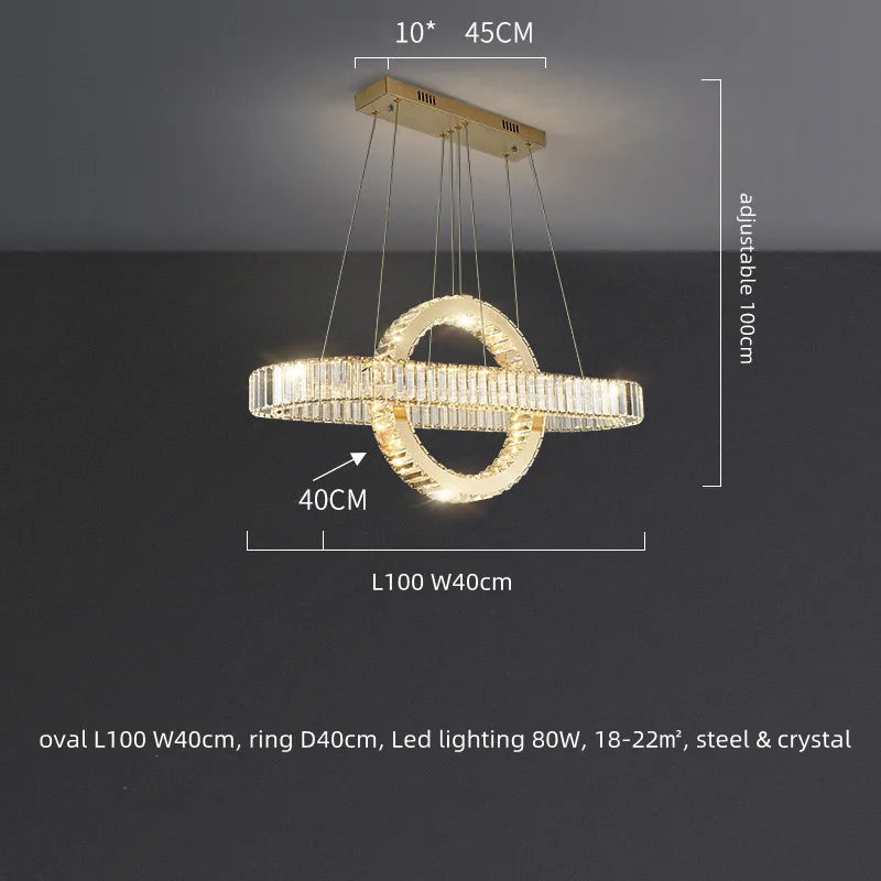 Lustre LED moderne en acier doré avec cristaux et câble ajustable