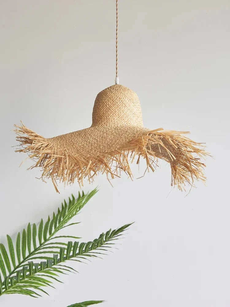 Suspension japonaise artisanale en forme de chapeau de paille vintage