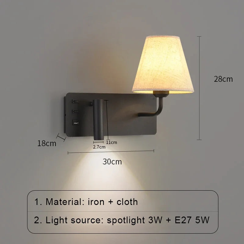 Applique murale LED nordique moderne pour hôtel avec interrupteur USB