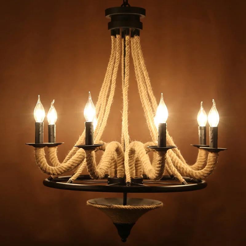 Lustre loft américain en bois et corde de chanvre industrielle