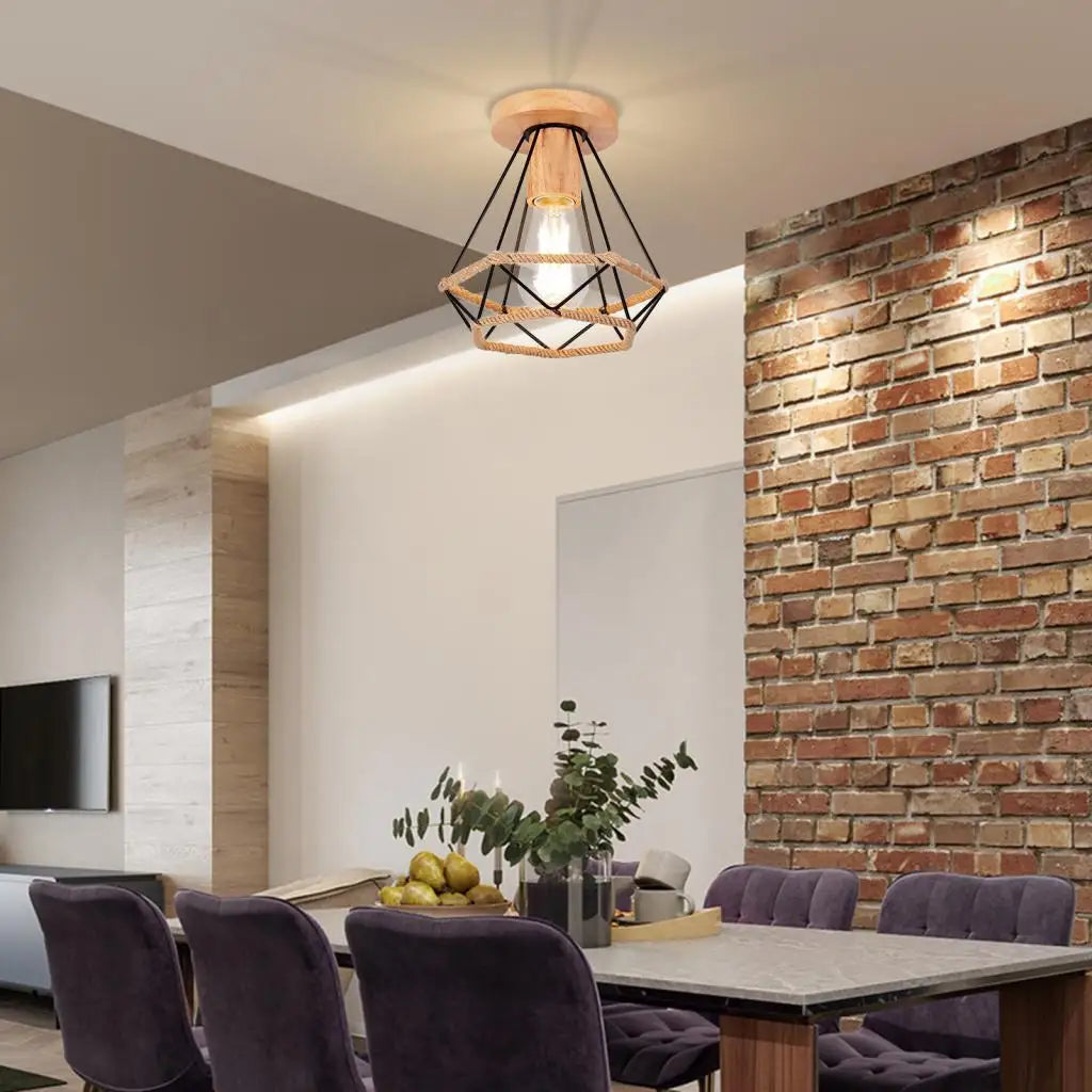 Plafonnier rétro en métal pour intérieur d'allée, avec cage en fer et corde de chanvre
