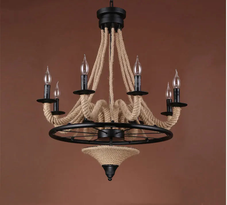 Lustre loft américain en bois et corde de chanvre industrielle