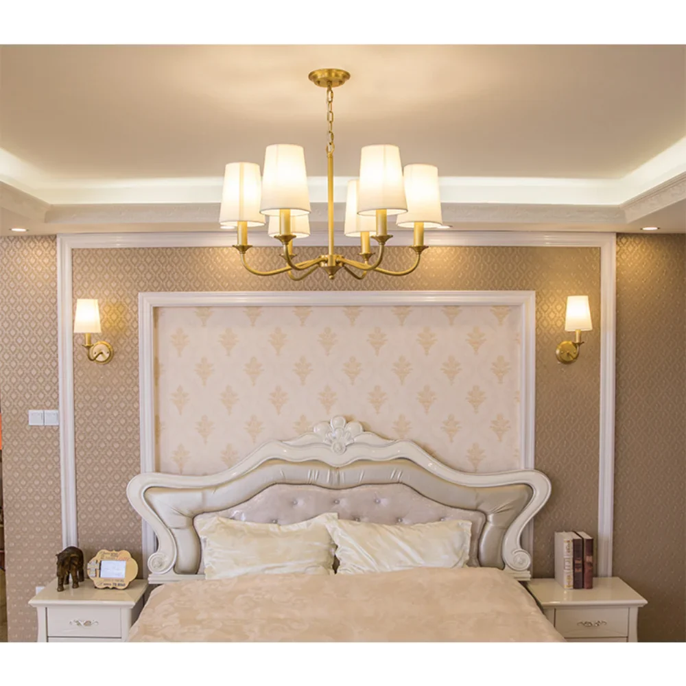 Suspension Rustique Américaine Lustre Doré en Tissu Minimaliste