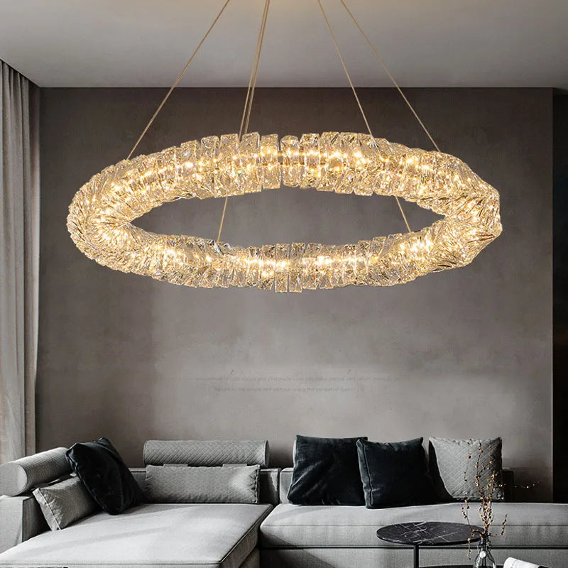 Lustre Or Dimmable avec anneau de lumière LED en cristal pour maison moderne de luxe