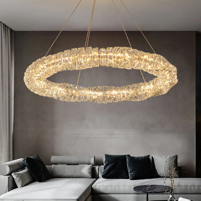 Lustre Or Dimmable avec anneau de lumière LED en cristal pour maison moderne de luxe