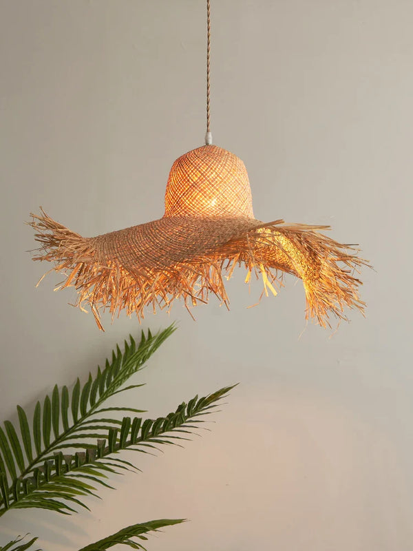 Suspension japonaise artisanale en forme de chapeau de paille vintage