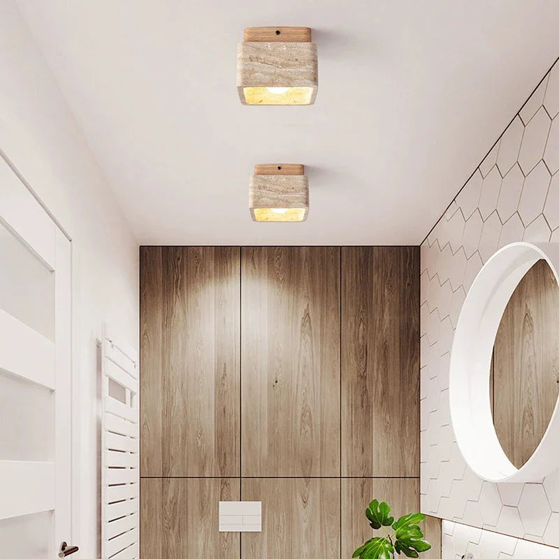 Plafonnier Led nordique moderne avec Downlight carré en pierre bois crème - Style Surface monté vers le bas pour porche balcon couloir